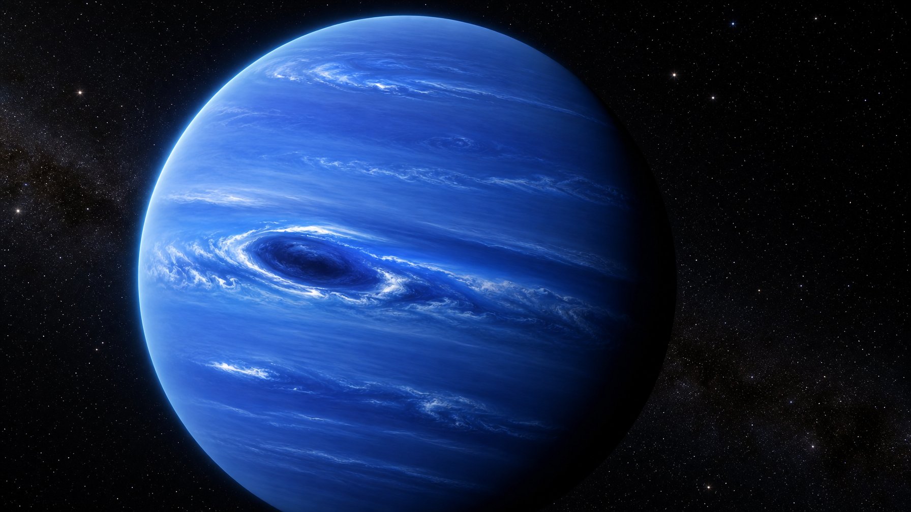 Planet Neptunus dengan garis-garis awan biru dan putih yang berputar cepat di atmosfernya.
