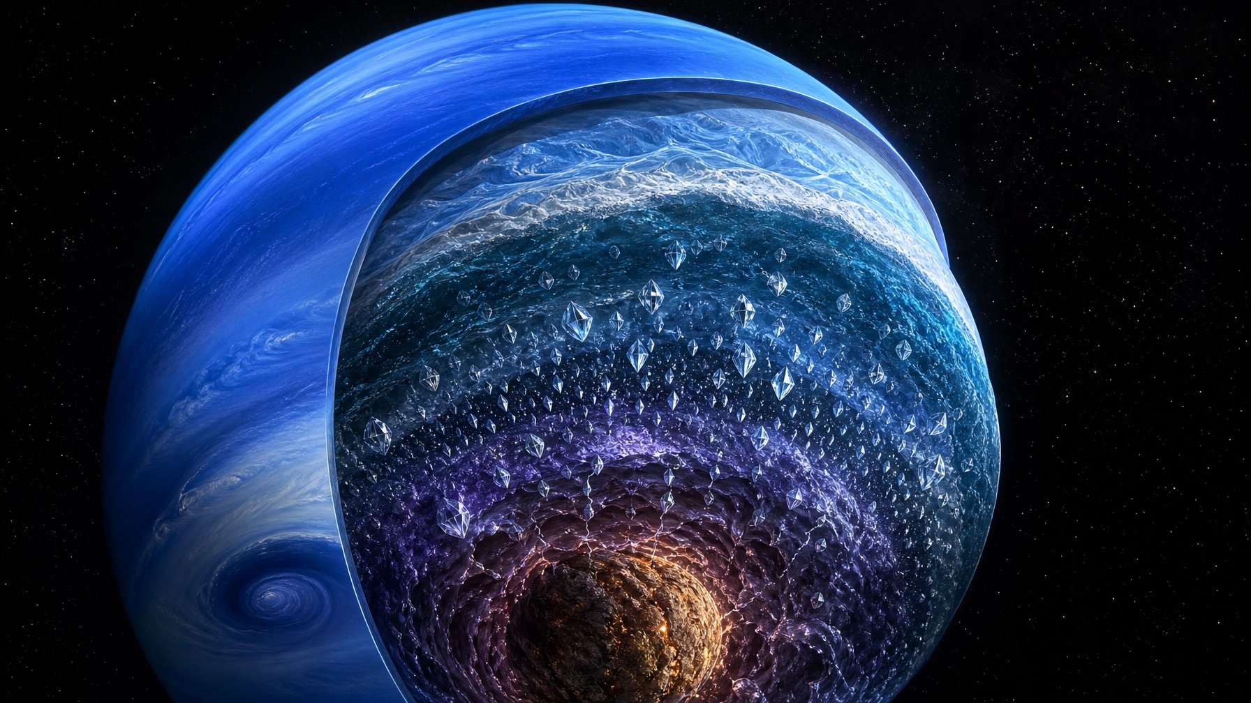 Potongan melintang planet Neptunus memperlihatkan hujan kristal berlian di dalam lapisan interiornya.