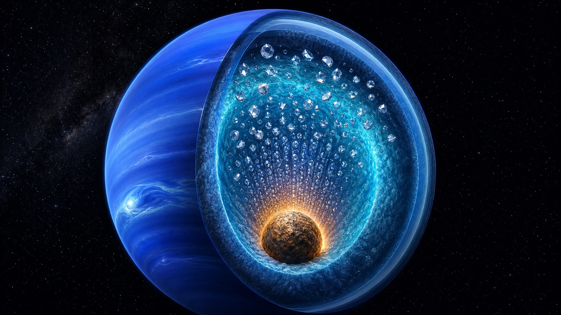 Potongan melintang Neptunus memperlihatkan lapisan interiornya dan kristal berlian yang turun melalui mantel menuju inti planet.