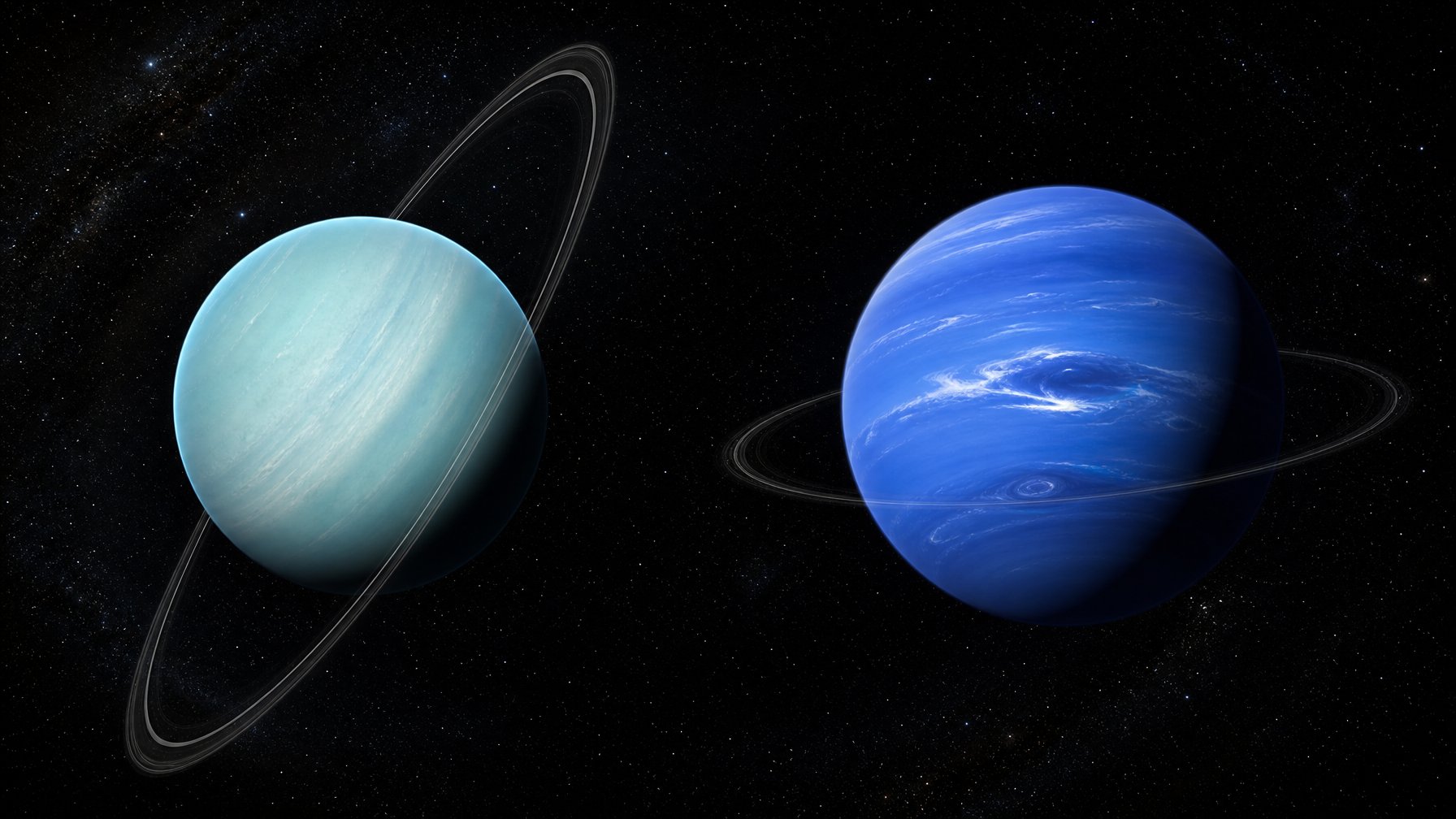 Ilustrasi realistis Uranus dan Neptunus berdampingan di ruang angkasa, menampilkan perbedaan warna, atmosfer, kemiringan sumbu, dan cincin keduanya.