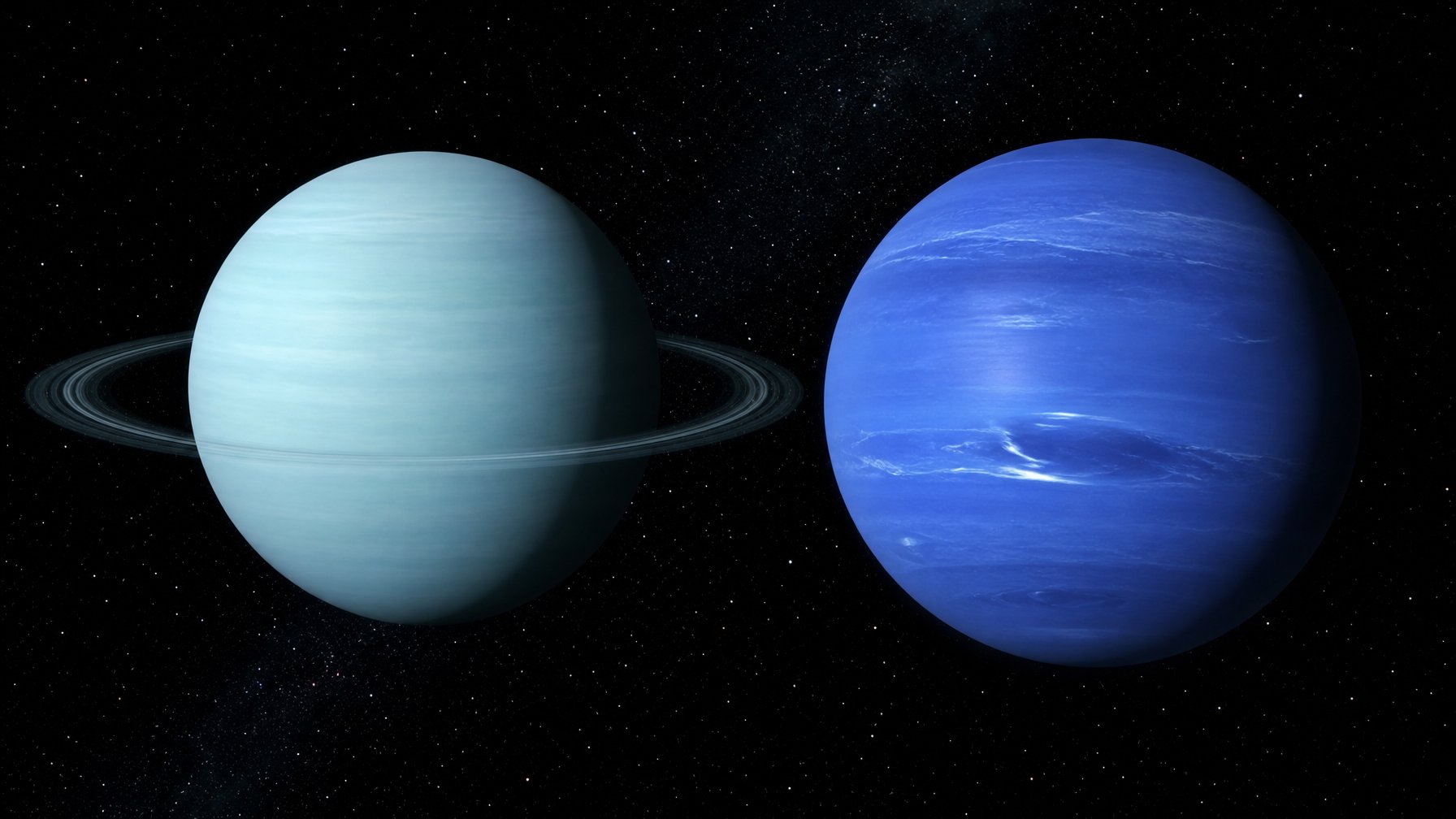 Planet Uranus dan Neptunus tampak berdampingan di ruang angkasa, dengan Uranus berwarna biru kehijauan dan memiliki cincin samar, sementara Neptunus berwarna biru lebih gelap.