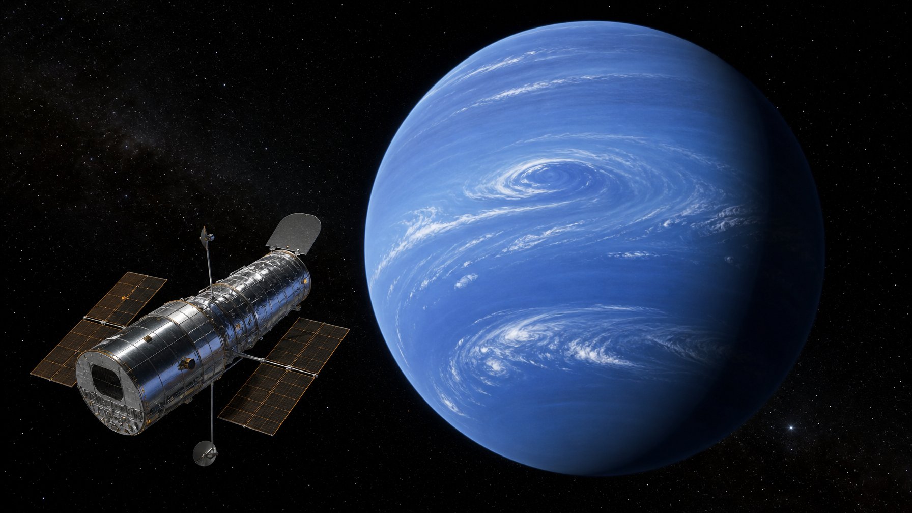 Teleskop Hubble mengamati Neptunus yang memiliki awan putih berputar dan badai besar di atmosfer birunya.
