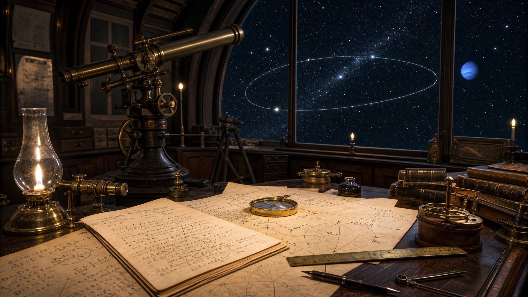 Interior observatorium bersejarah dengan teleskop kuningan, perhitungan matematika, dan gambaran planet biru di langit malam.