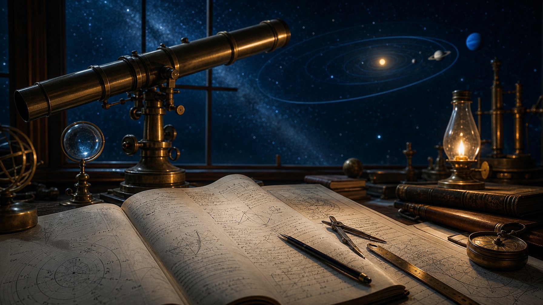 Teleskop kuningan dan meja berisi perhitungan astronomi menghadap langit malam dengan planet biru Neptunus di kejauhan.