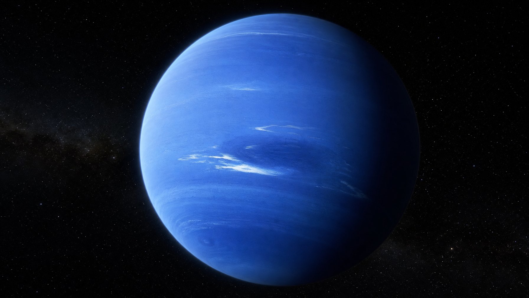Planet Neptunus tampak sebagai bola biru tua dengan awan putih tipis di tengah ruang angkasa gelap.