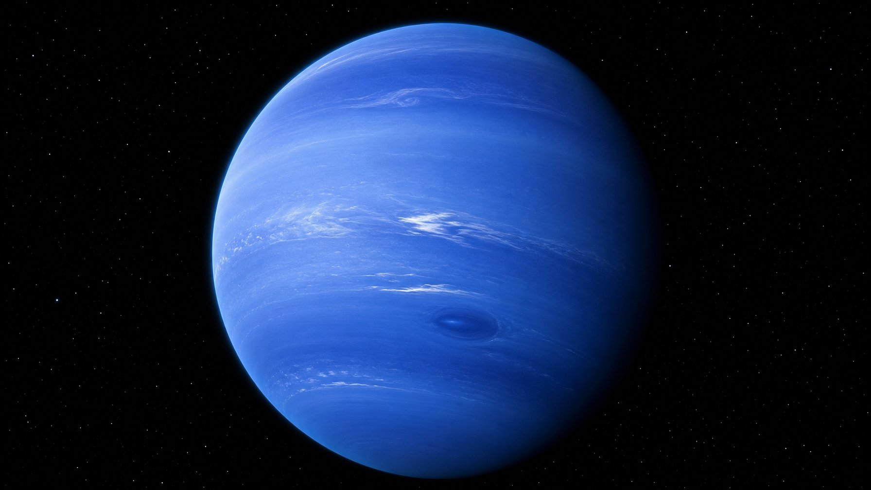 Planet Neptunus tampak biru tua dengan awan putih dan pusaran atmosfer di tengah latar ruang angkasa berbintang.
