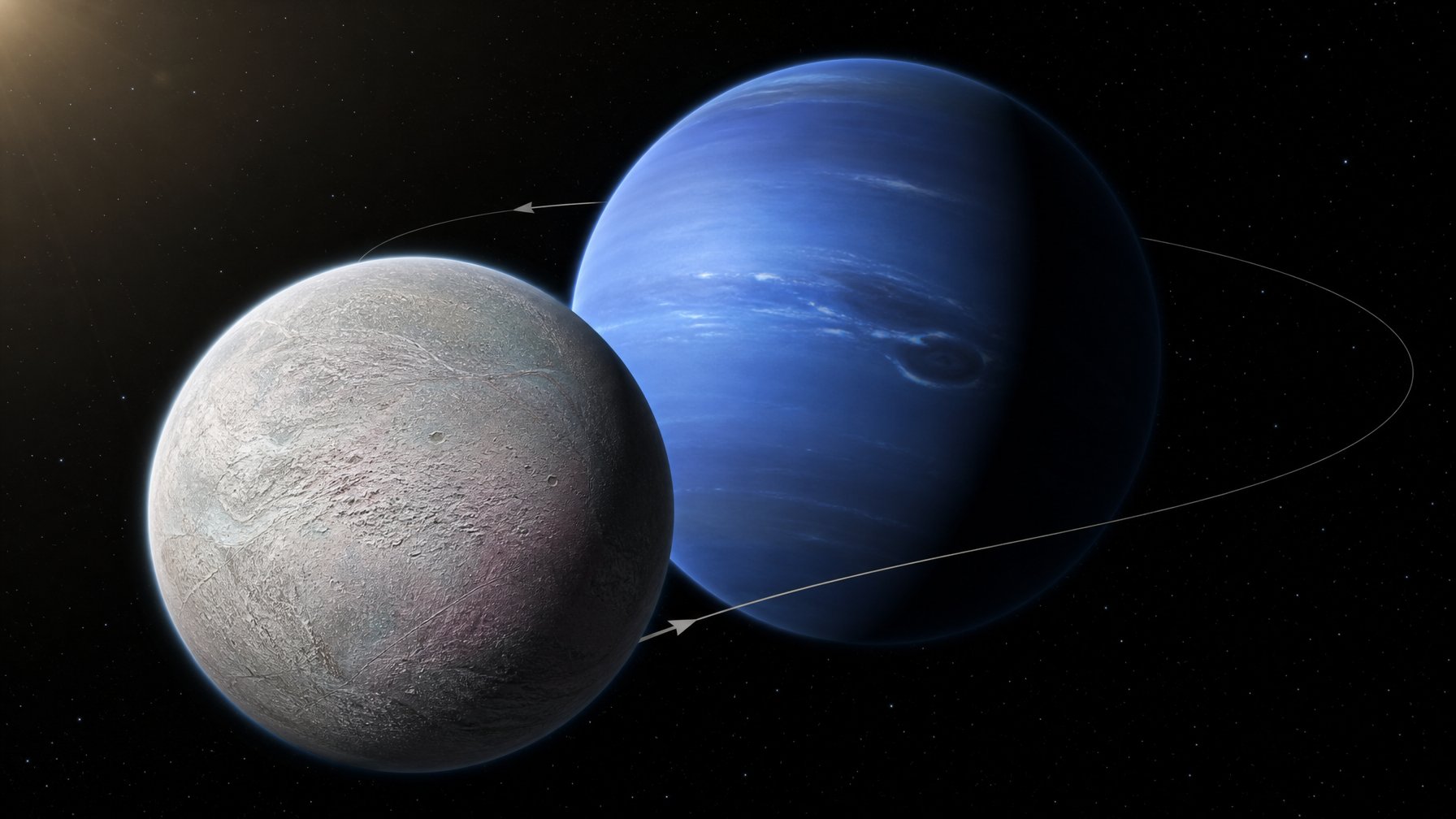 Triton tampak mengorbit Neptunus dengan arah berlawanan di ruang angkasa.