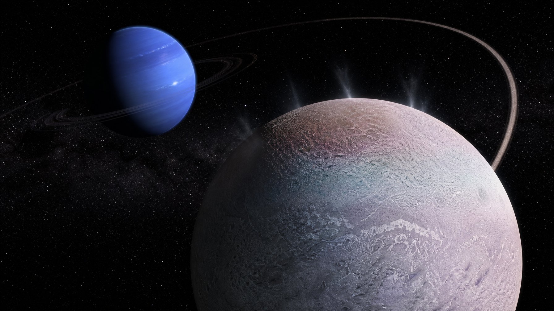 Triton tampak di depan Neptunus dengan permukaan es dan semburan geyser, disertai jalur orbit mundur.