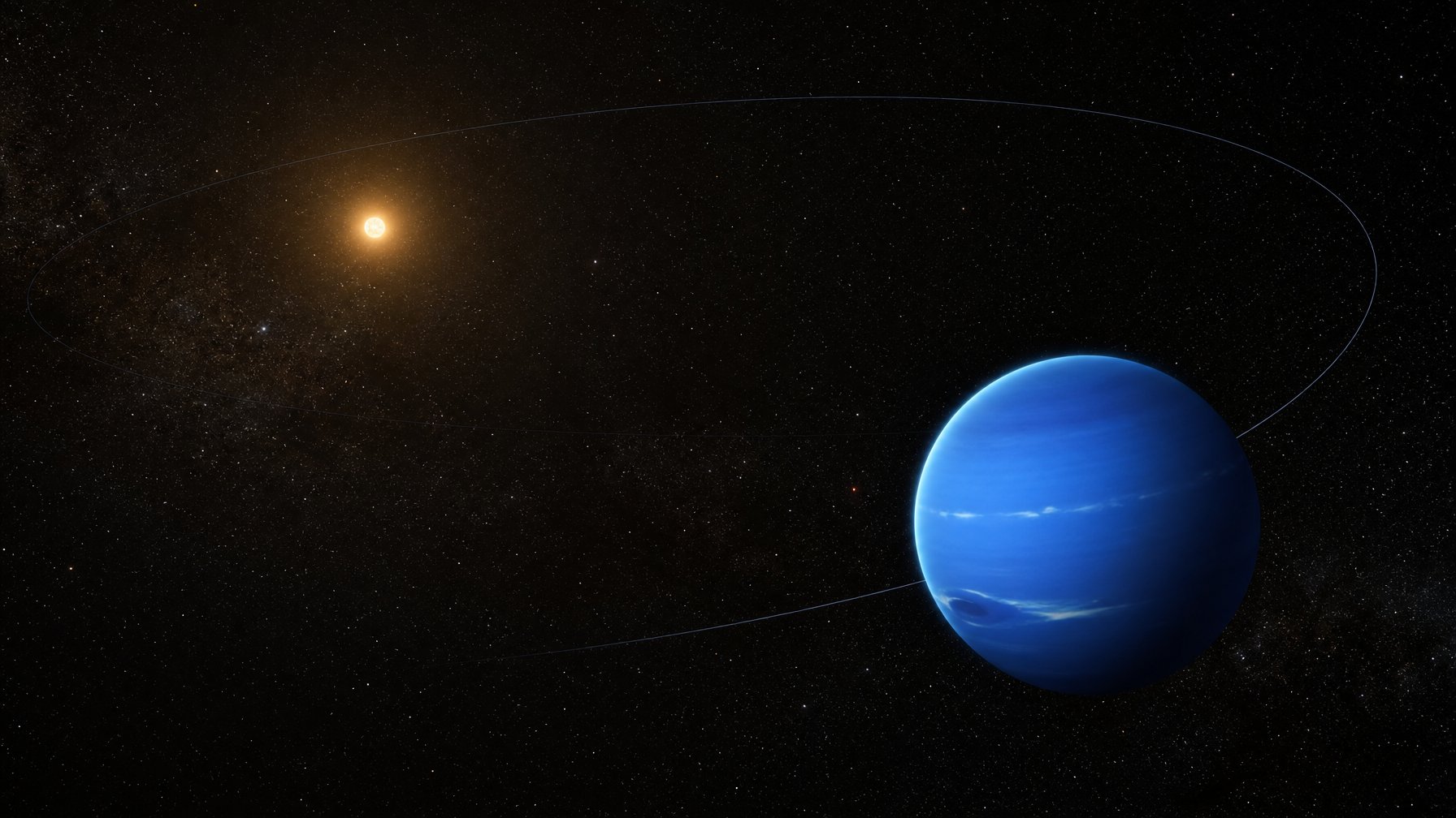 Planet Neptunus tampak pada lintasan orbitnya yang luas mengelilingi Matahari di ruang angkasa.