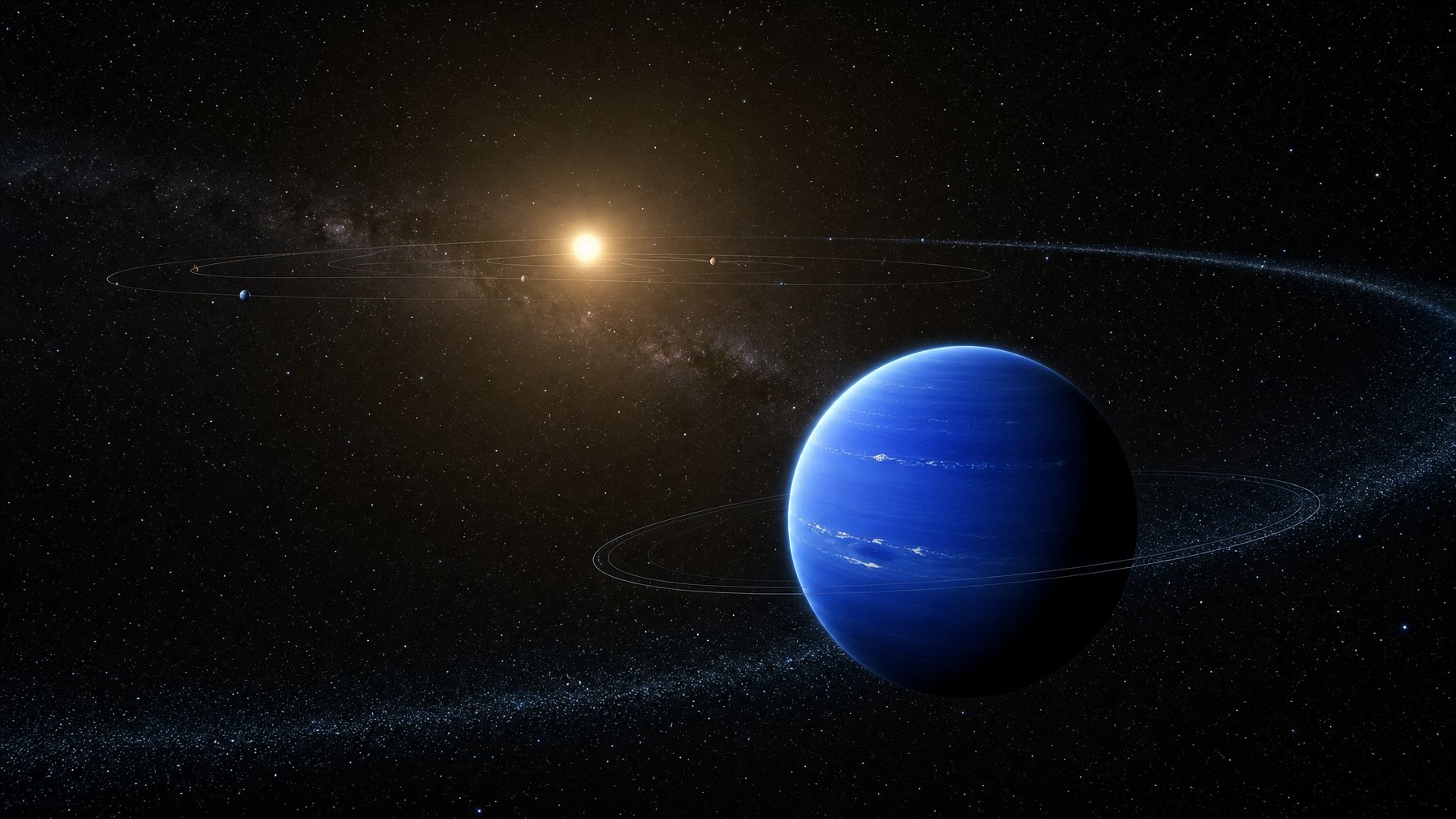 Planet Neptunus tampak mengorbit Matahari di ruang angkasa.