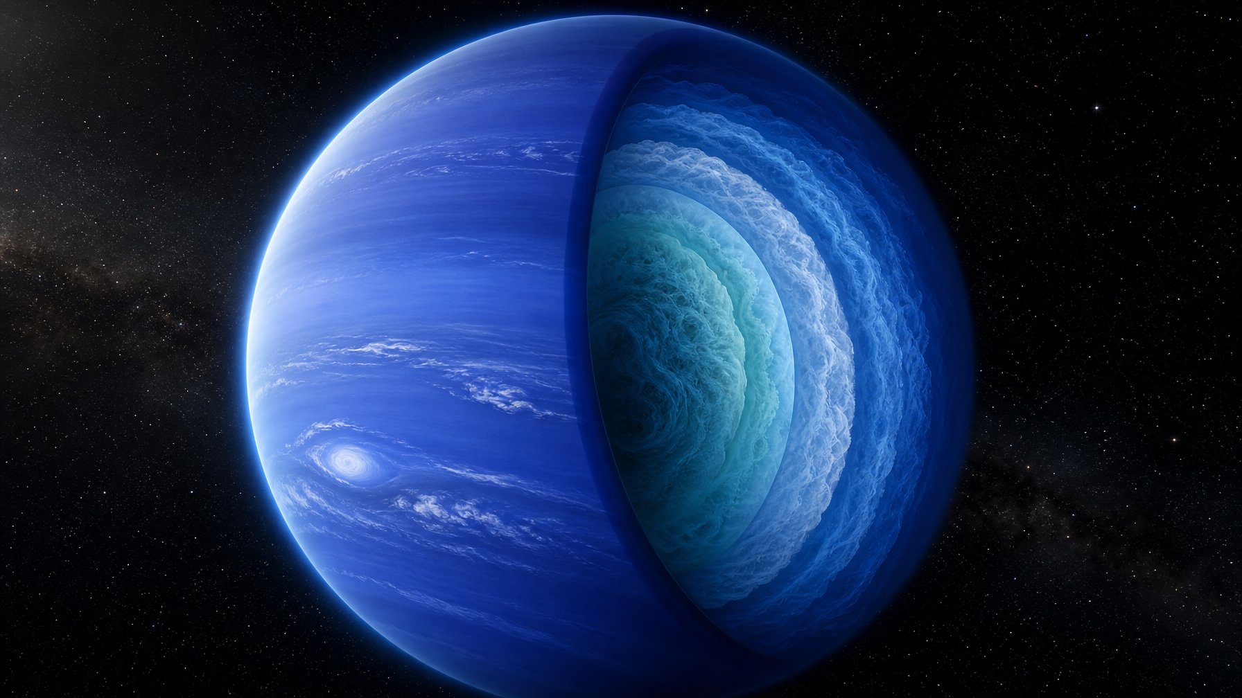 Planet Neptunus berwarna biru dengan awan dan badai gas yang berputar di atmosfernya.