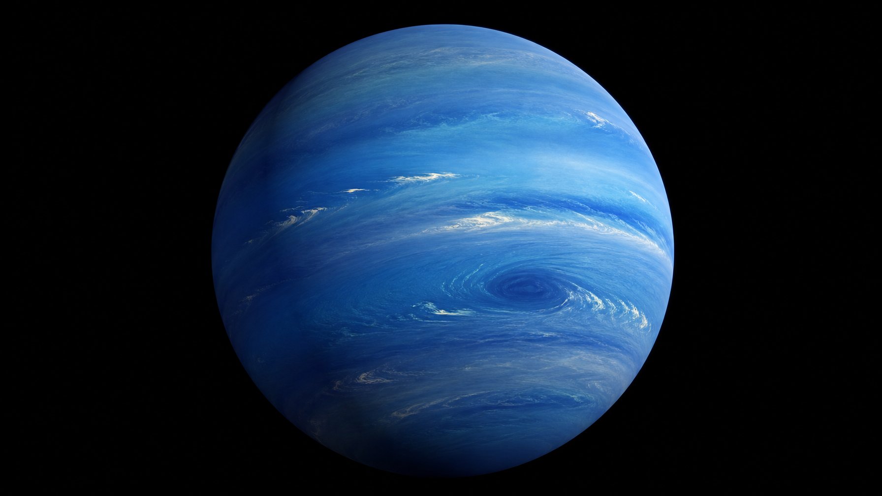 Planet Neptunus tampak sebagai bola biru dengan lapisan awan dan badai atmosfer yang berputar di ruang angkasa.