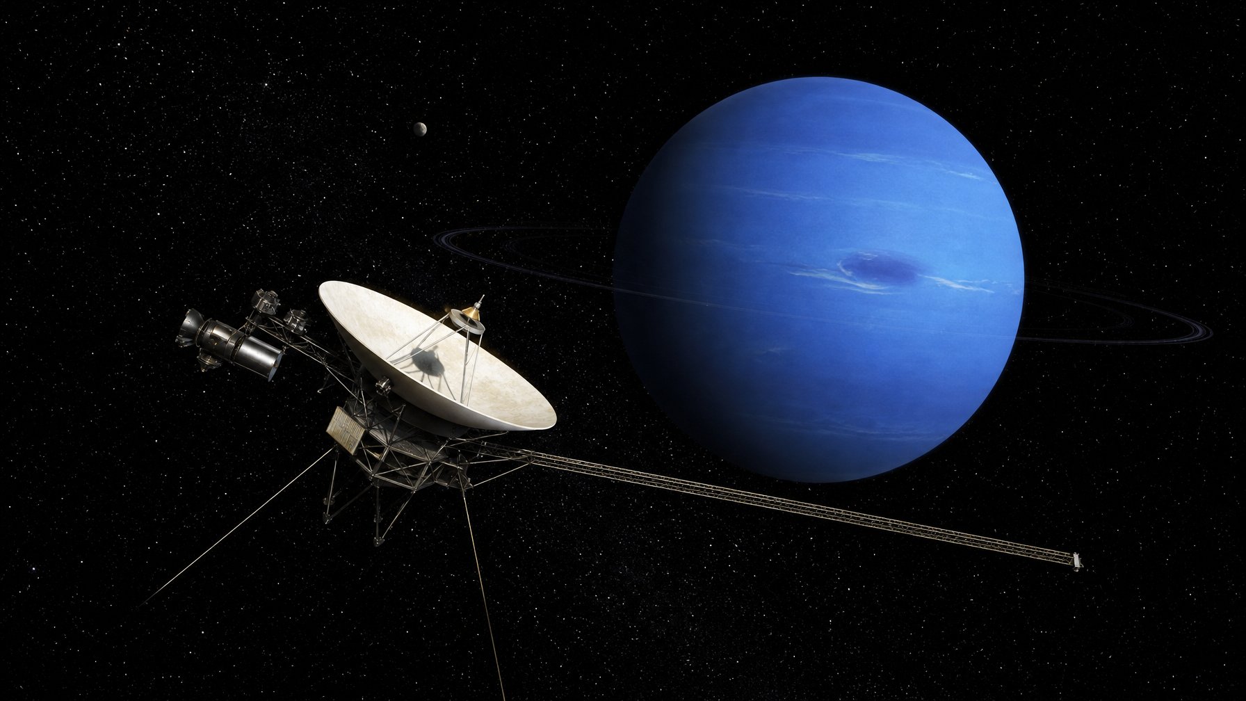 Pesawat ruang angkasa Voyager 2 terbang melewati planet Neptunus di tengah angkasa.