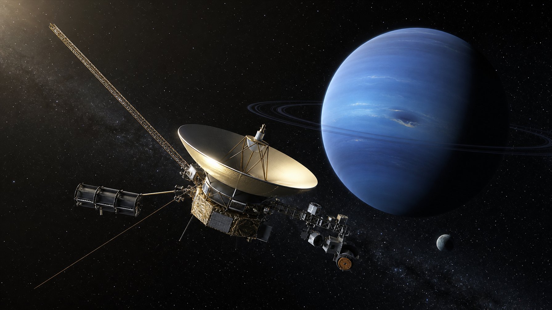 Pesawat antariksa Voyager 2 melintasi ruang angkasa dengan planet Neptunus terlihat di latar belakang.