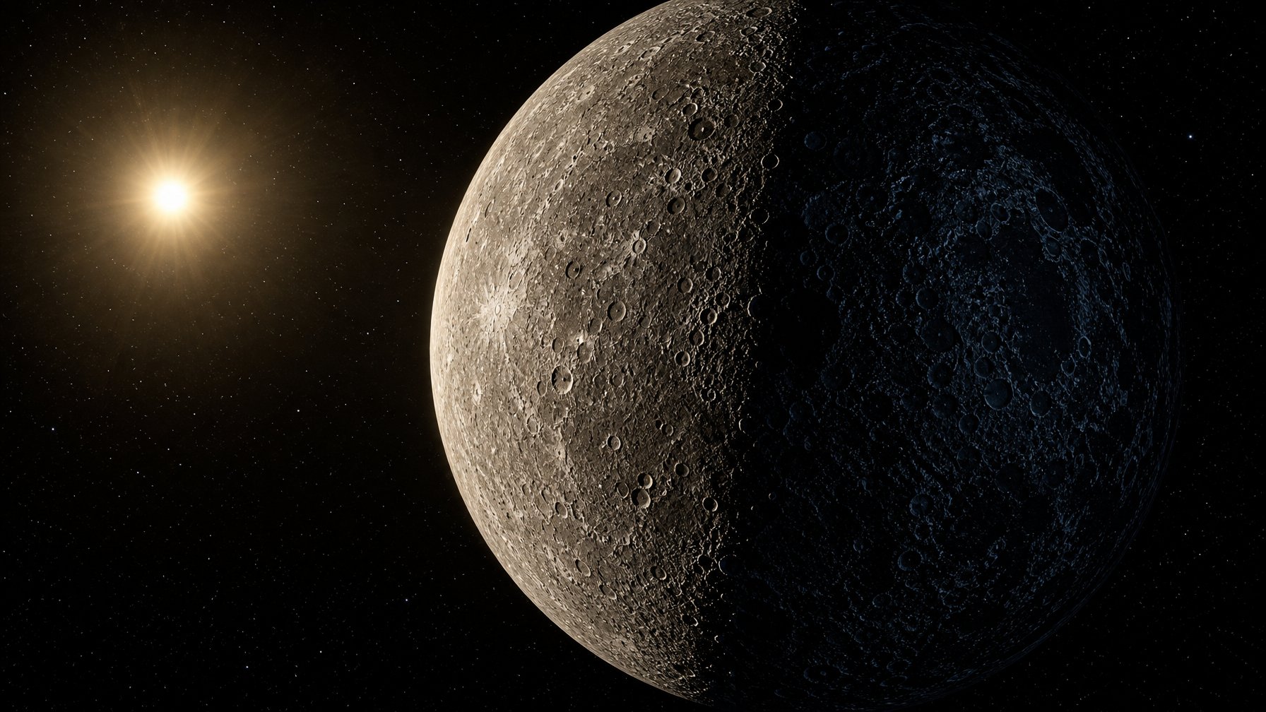 Planet Merkurius terlihat dengan sisi terang yang sangat panas dan sisi malam yang gelap serta sangat dingin.