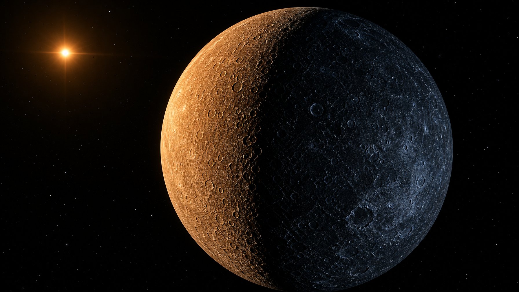 Planet Merkurius terlihat dengan sisi siang yang terang dan sisi malam yang gelap serta sangat dingin.