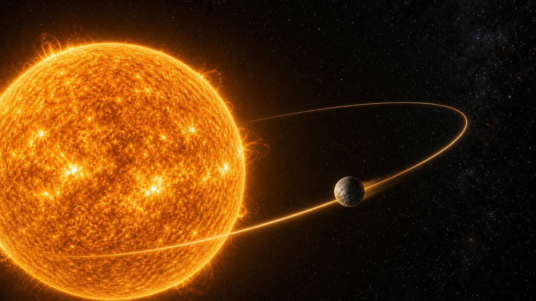 Matahari besar dengan planet Merkurius yang mengorbit dekat pada lintasan elips di ruang angkasa.