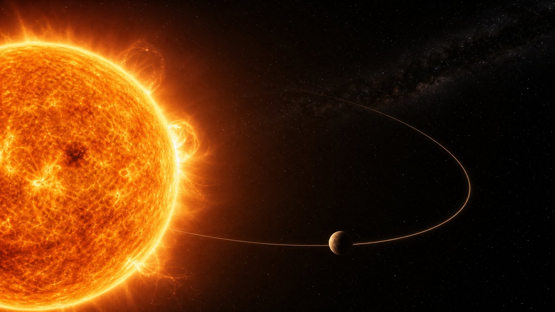 Matahari besar dengan Merkurius kecil pada orbit elips yang sangat dekat di ruang angkasa.