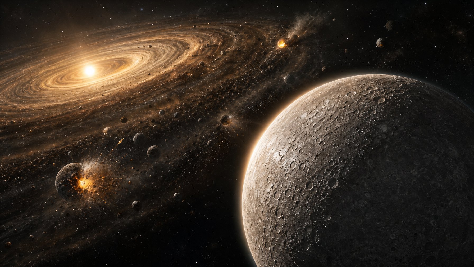 Planet Merkurius terlihat di depan piringan debu dan batuan yang mengelilingi Matahari muda.