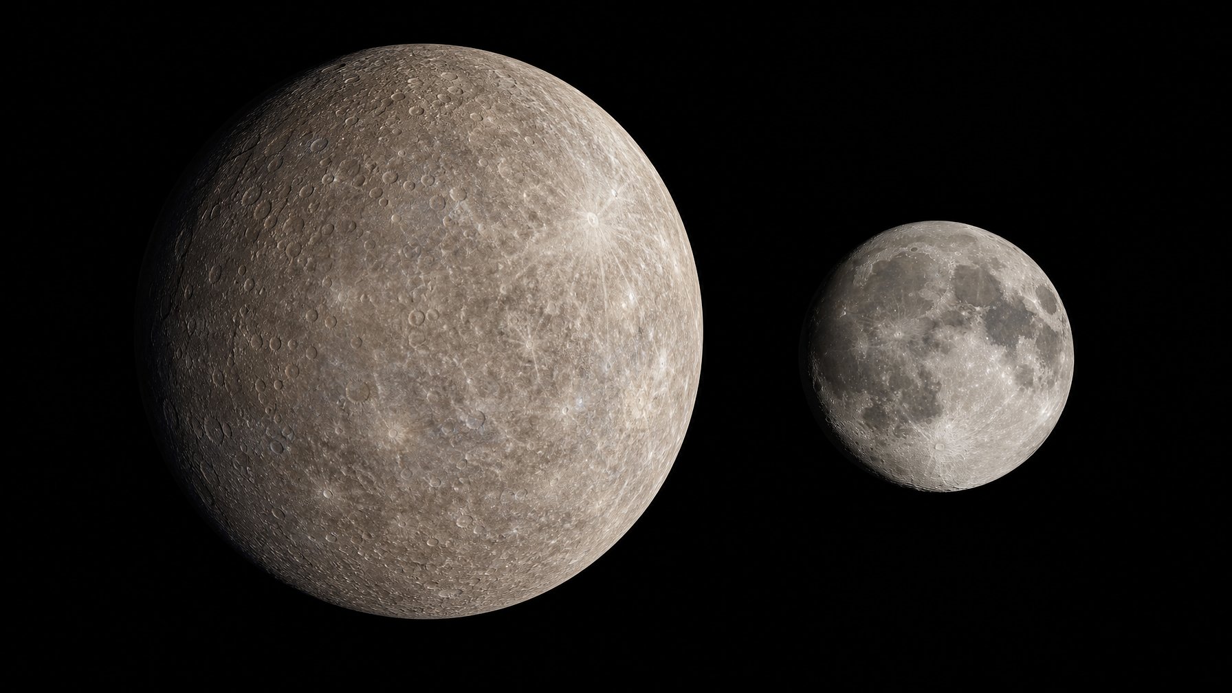 Planet Merkurius dan Bulan Bumi ditampilkan berdampingan untuk membandingkan ukurannya, dengan Merkurius terlihat lebih besar.