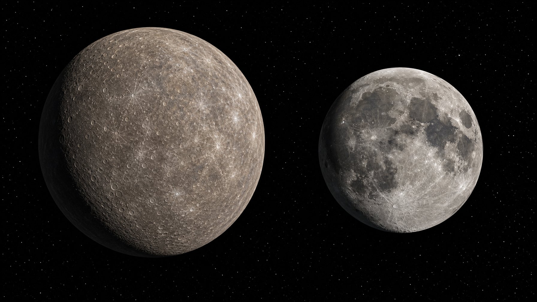 Merkurius dan Bulan Bumi tampak berdampingan, dengan Merkurius sedikit lebih besar.