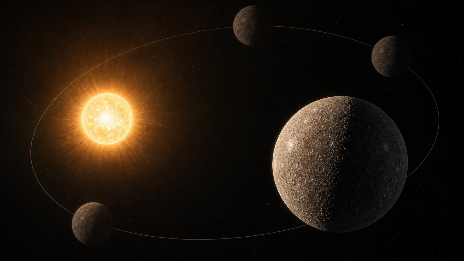 Planet Merkurius tampak mengorbit Matahari dengan permukaan penuh kawah dan jalur orbit elips yang jelas.