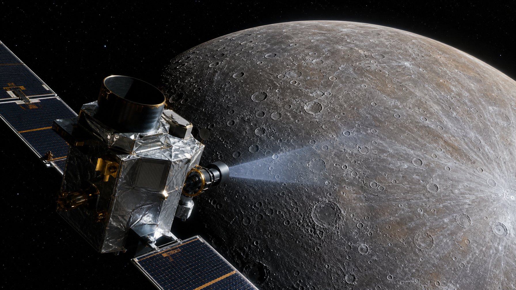 Wahana antariksa mengorbit Merkurius dan mengarahkan kamera ke permukaan planet yang dipenuhi kawah.