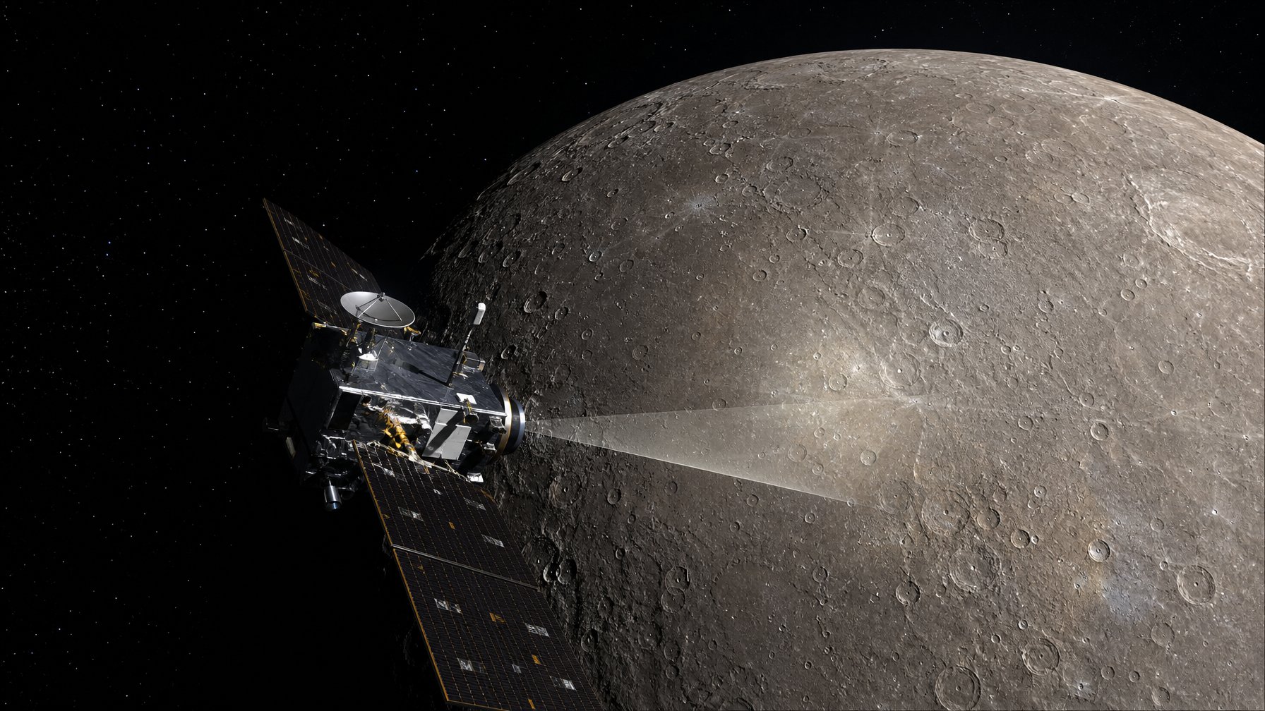 Wahana antariksa mengorbit Merkurius dan memotret permukaan planet yang penuh kawah.