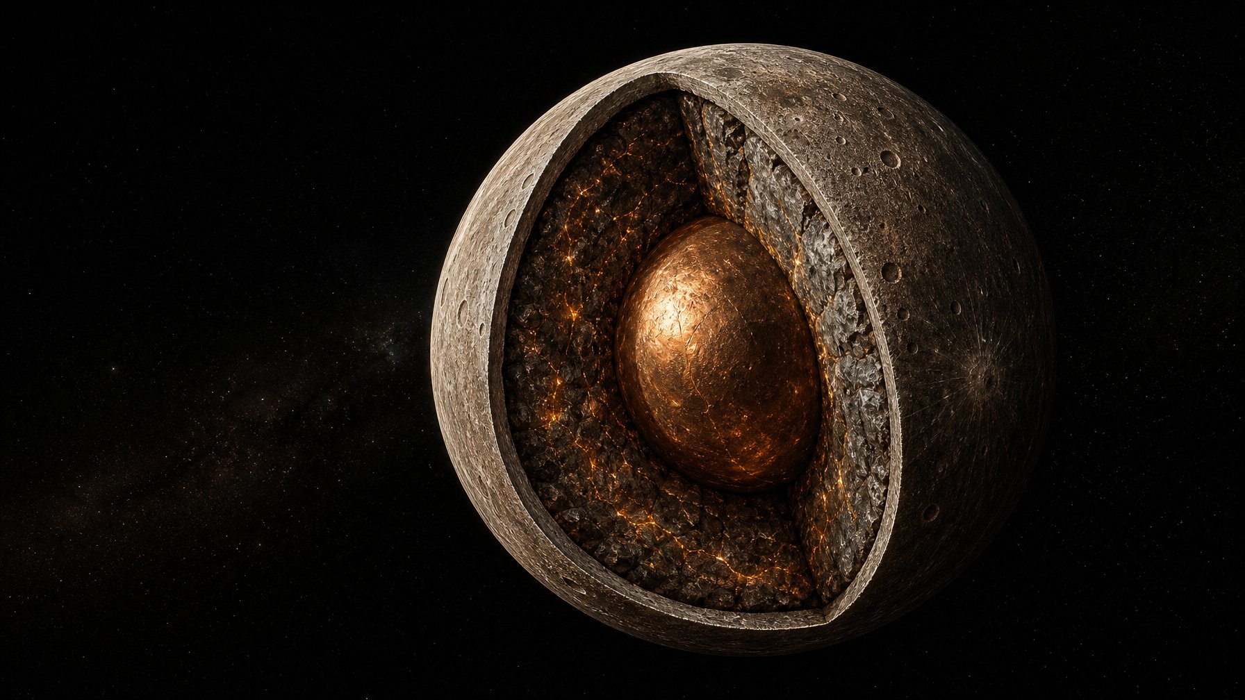 Ilustrasi realistis penampang planet Merkurius yang memperlihatkan mantel berbatu dan inti logam besar di tengah ruang angkasa.