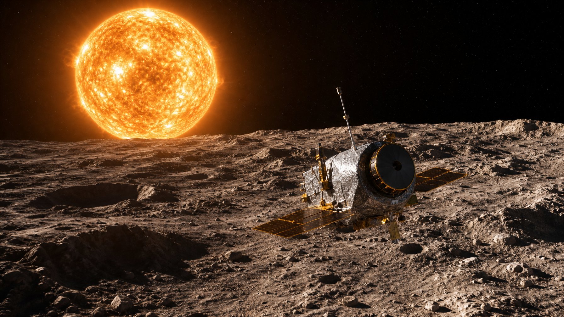 Wahana antariksa robotik menjelajahi permukaan Merkurius yang penuh kawah dengan Matahari besar dan terang di latar belakang.