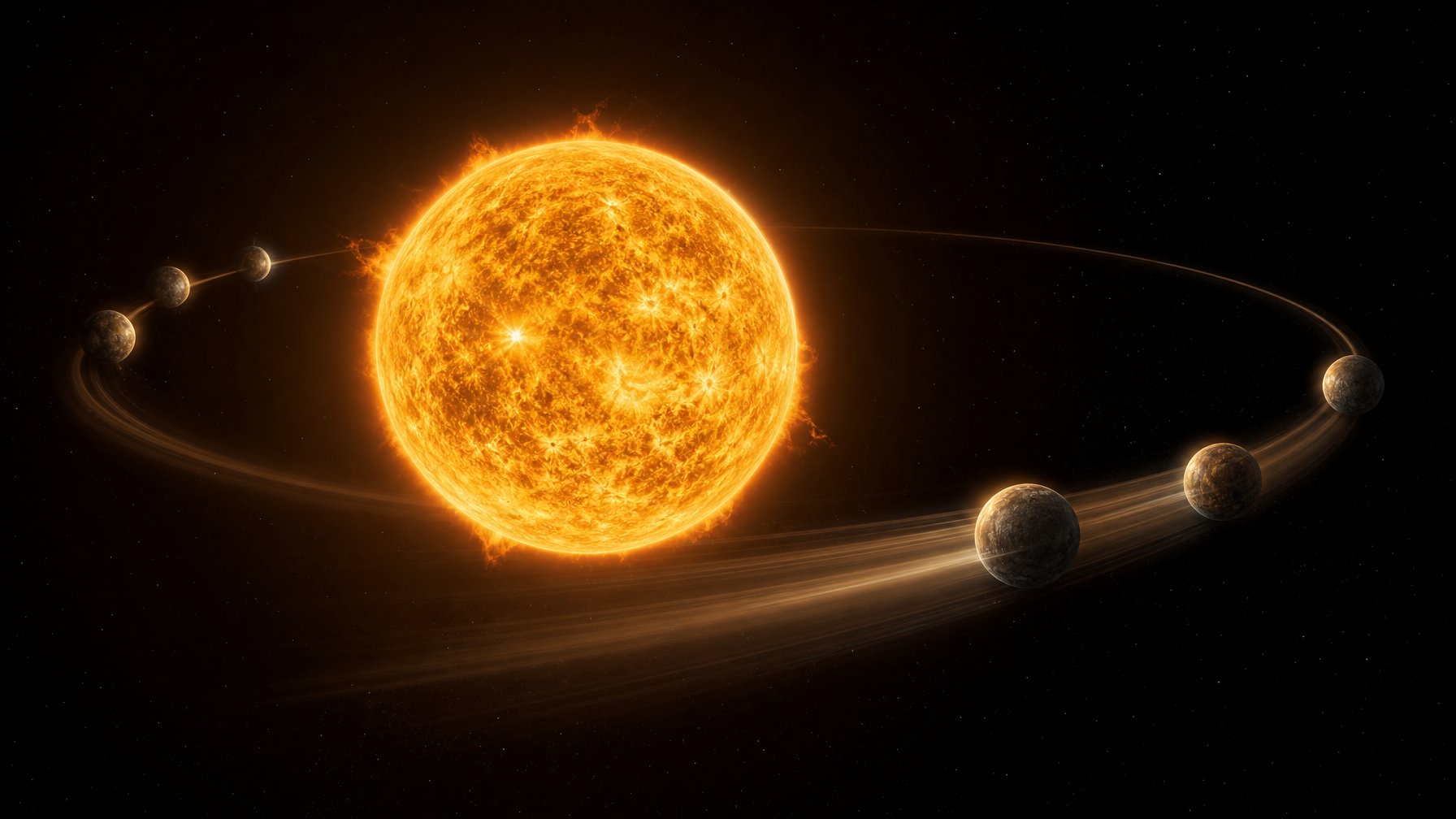 Matahari besar dengan planet Merkurius yang bergerak pada orbit elips di sekitarnya.