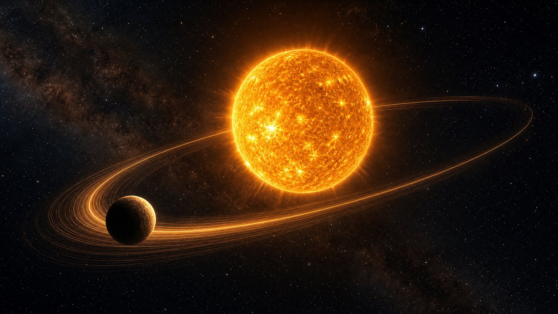 Merkurius mengorbit Matahari dalam ruang angkasa, dengan jejak gerak yang menunjukkan kecepatannya meningkat saat berada lebih dekat dengan Matahari.
