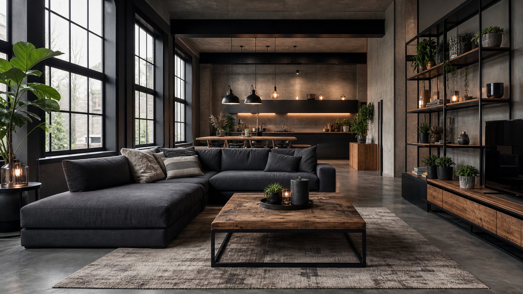 Ruang keluarga modern dengan sofa gelap, meja kayu, jendela besar, dan lantai beton.
