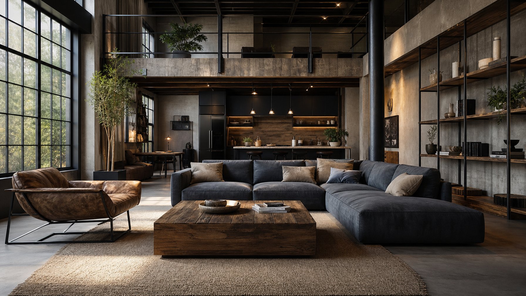 Ruang keluarga modern dengan sofa gelap, meja kayu, dinding beton, dan jendela besar.
