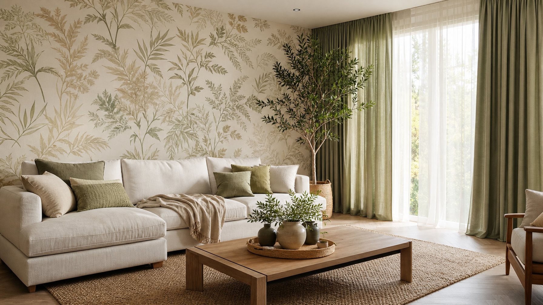 Ruang keluarga modern dengan wallpaper bermotif lembut dan gorden panjang yang serasi.