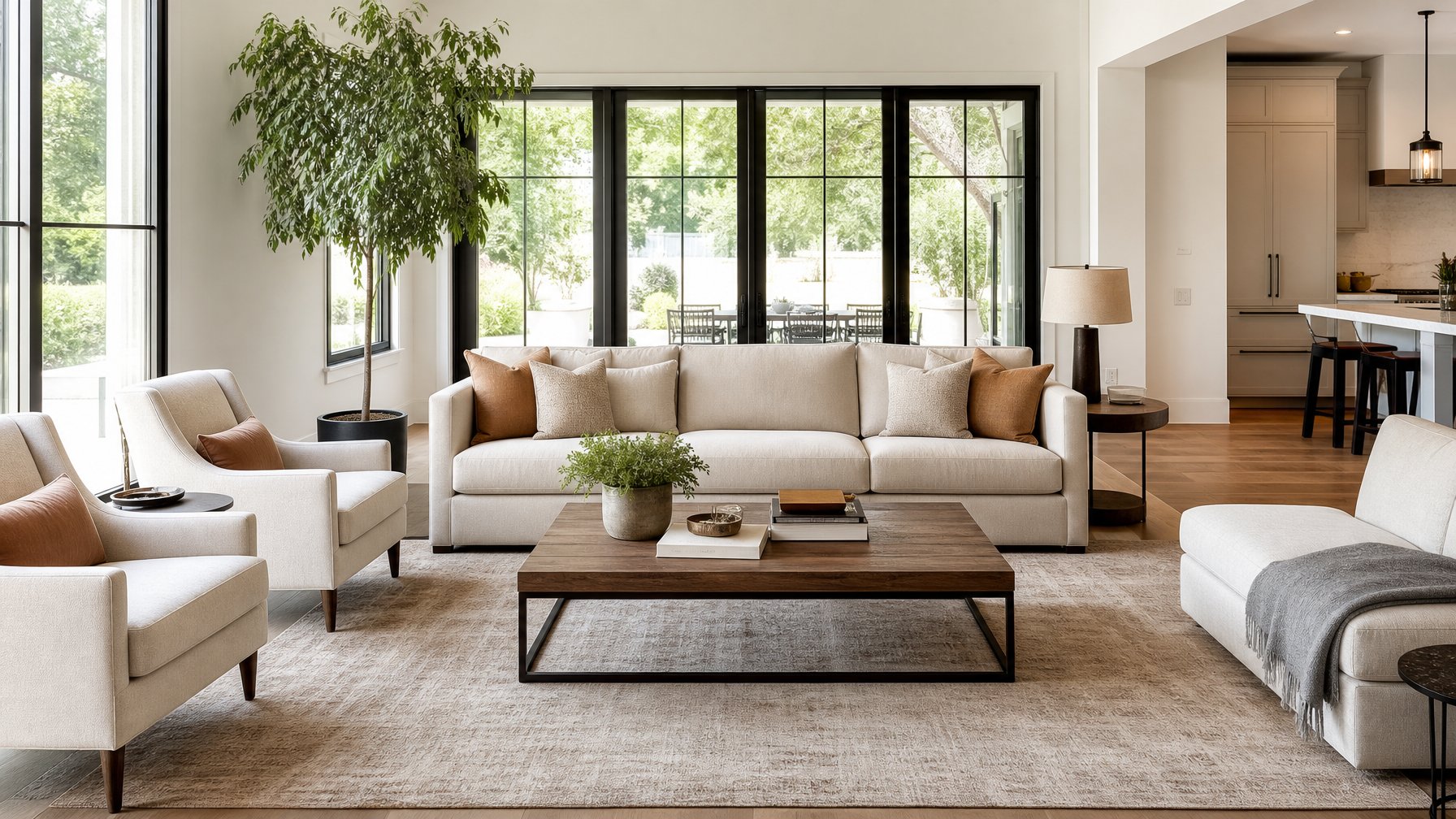 Ruang keluarga modern dengan meja kopi yang proporsional di depan sofa dan memiliki ruang gerak yang cukup.