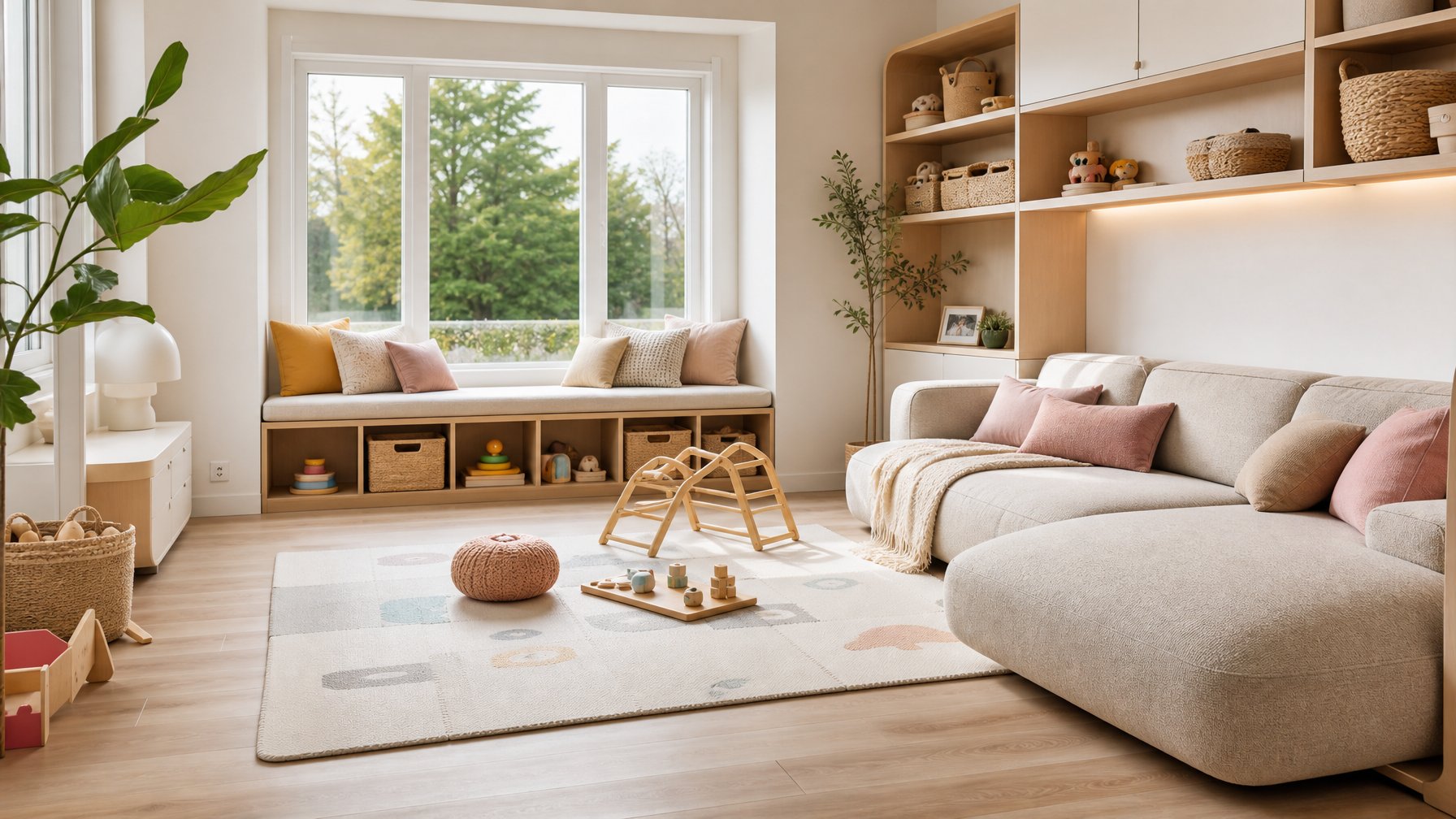 Ruang keluarga terang dan rapi dengan furnitur aman untuk anak, area bermain lembut, serta penyimpanan mainan yang tertata.