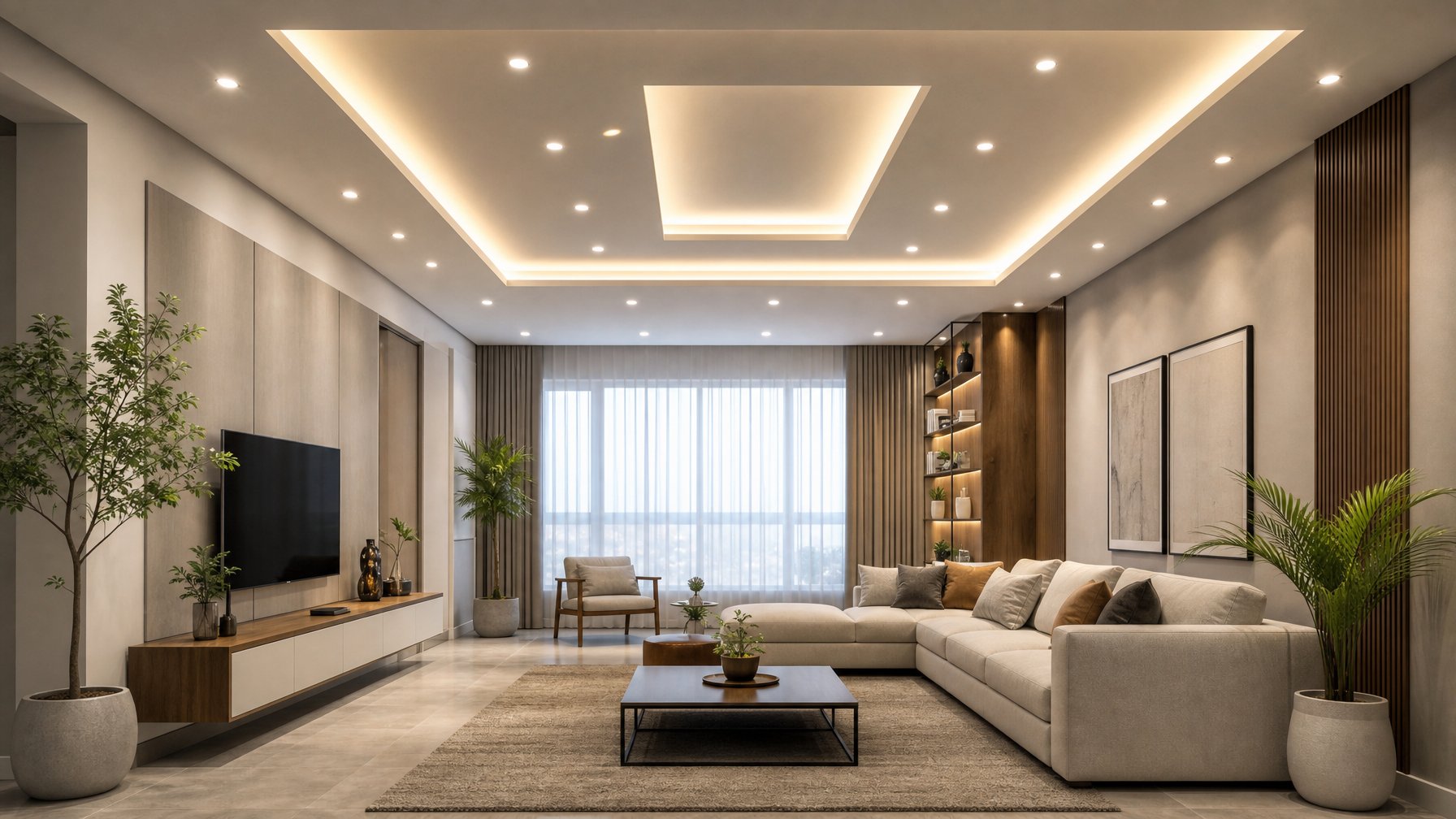 Ruang tamu modern dengan plafon bertingkat dan lampu LED yang menerangi ruangan secara merata.