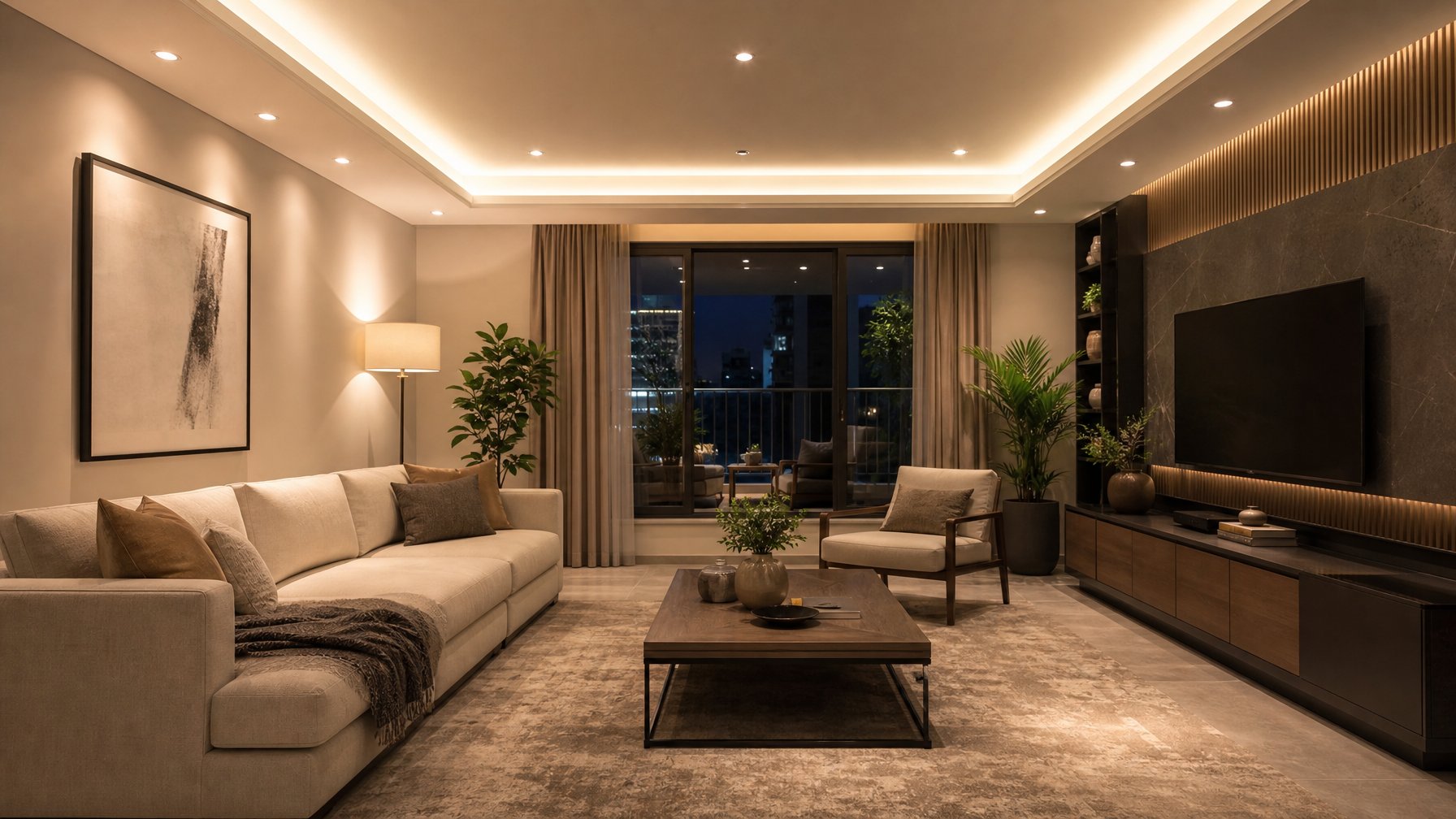 Ruang tamu modern dengan lampu downlight dan pencahayaan tidak langsung pada plafon drop ceiling.