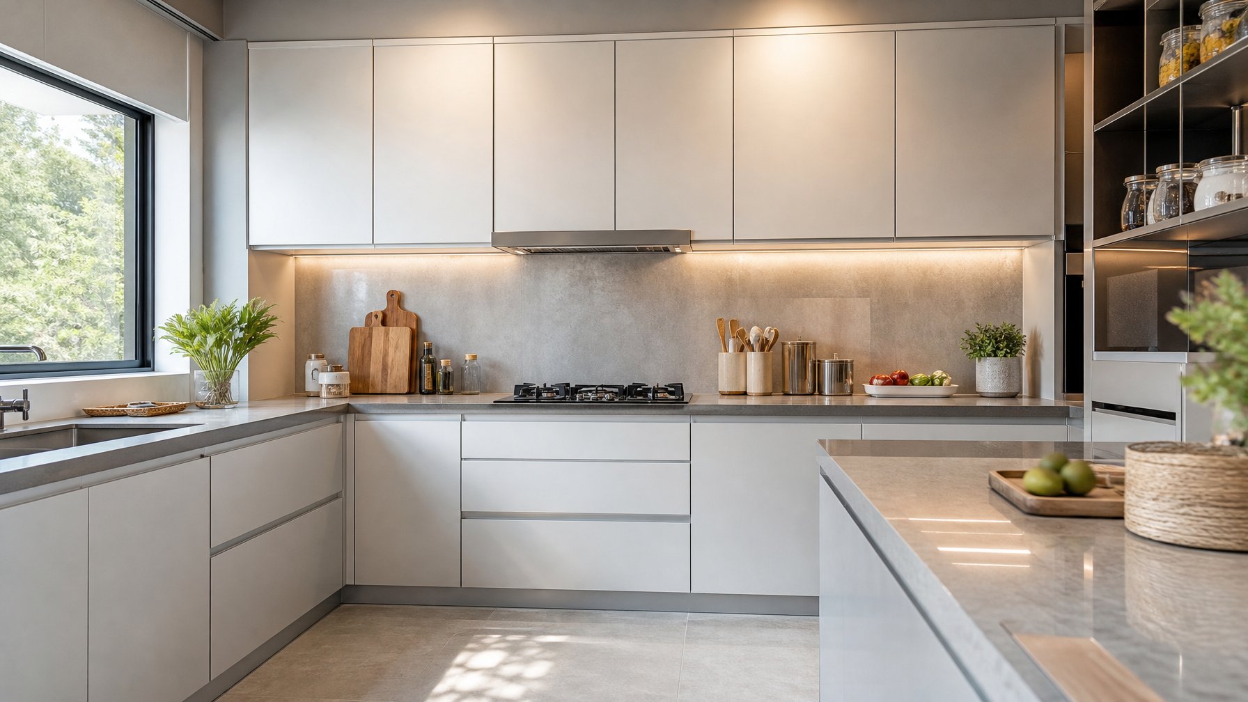 Dapur minimalis modern dengan satu set lemari aluminium berwarna netral dan meja dapur yang rapi.