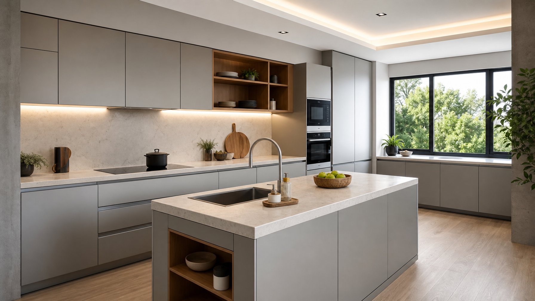 Dapur minimalis modern dengan kitchen set aluminium berwarna abu-abu terang dan perlengkapan dapur yang tertata rapi.