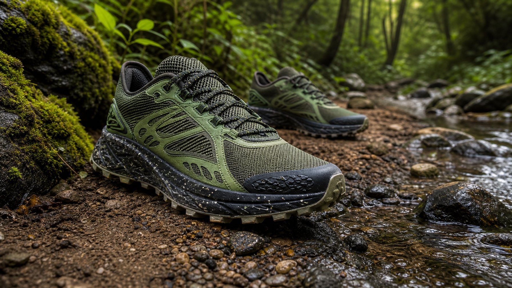 Sepatu lari trail berada di jalur luar ruangan dengan permukaan tanah, kerikil, batu basah, dan genangan air.