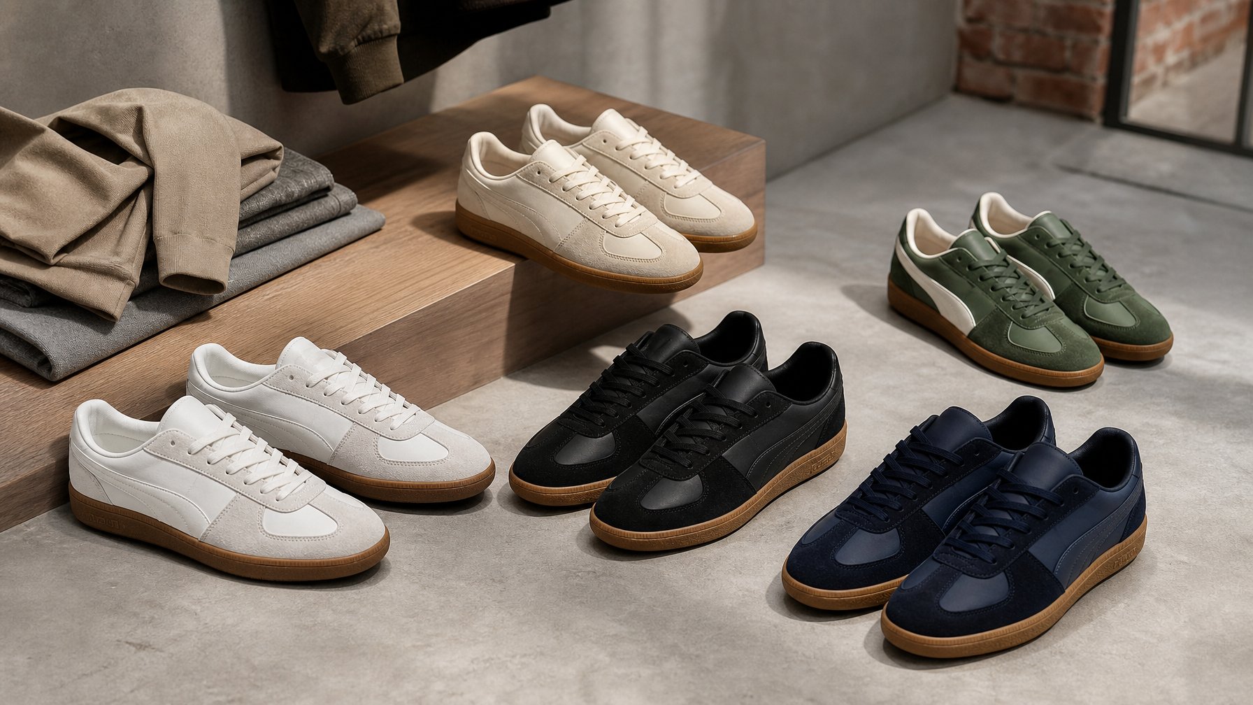Beberapa pasang sepatu kasual pria tersusun rapi di atas permukaan sederhana dalam sebuah studio.