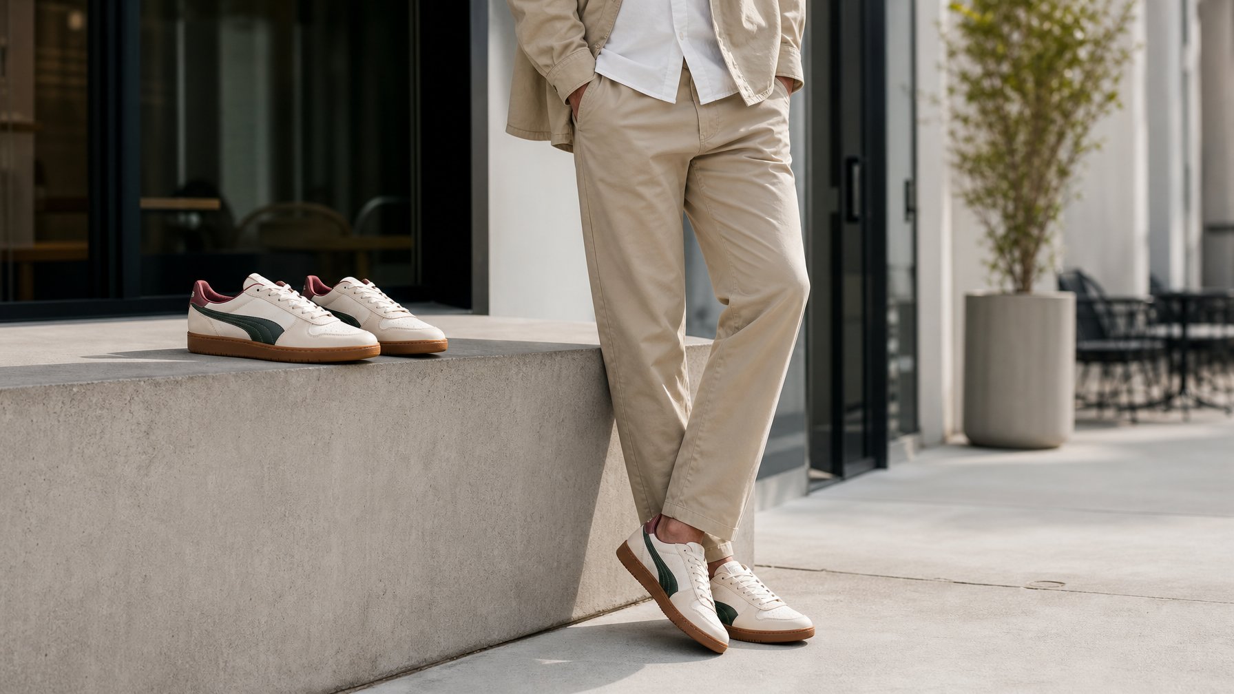 Pria mengenakan pakaian kasual dengan sepatu sneakers bergaya retro di lingkungan perkotaan.