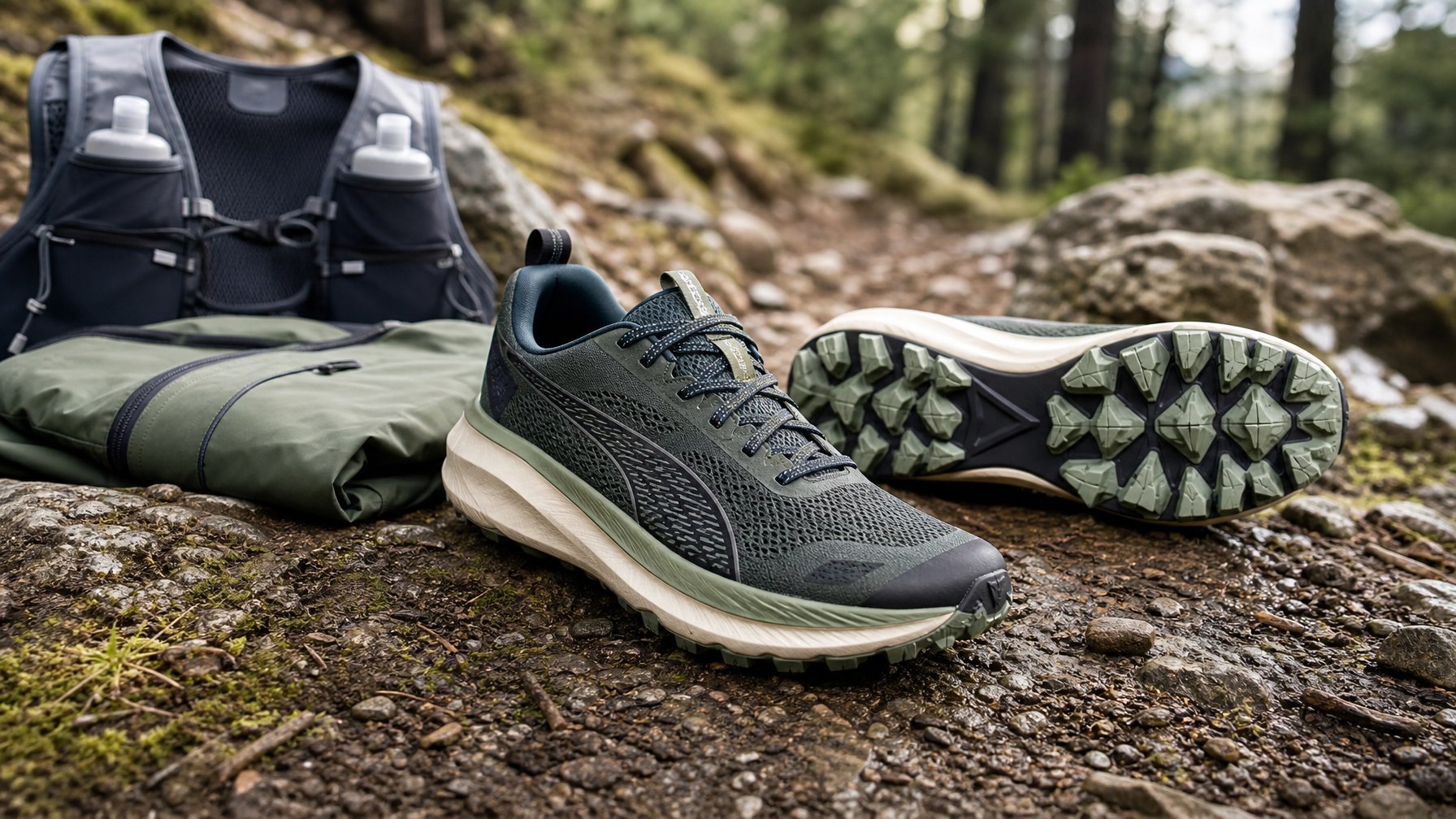 Sepasang sepatu lari trail dengan sol bergerigi berada di jalur hutan berbatu dan lembap.