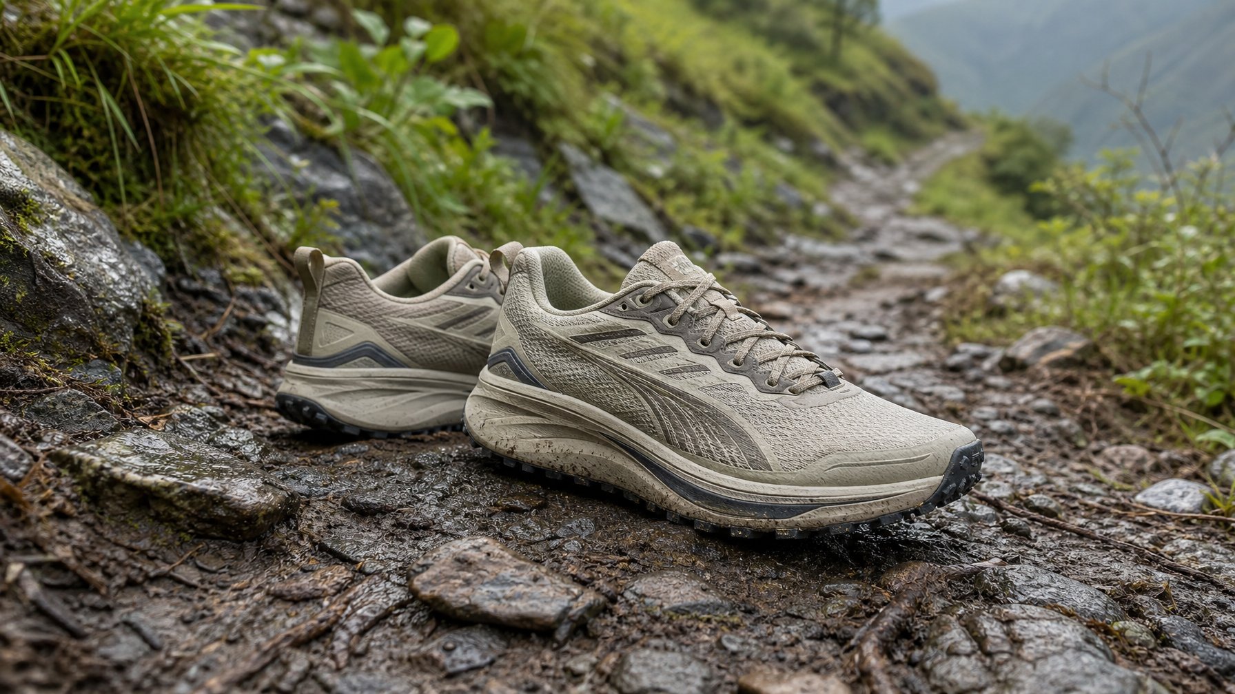 Sepasang sepatu trail running berada di atas jalur pegunungan berbatu dan berlumpur.