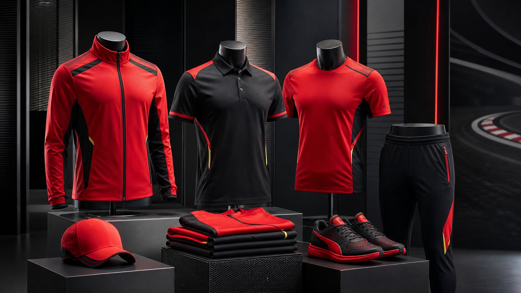 Koleksi pakaian olahraga balap berwarna merah dan hitam ditata di studio modern.
