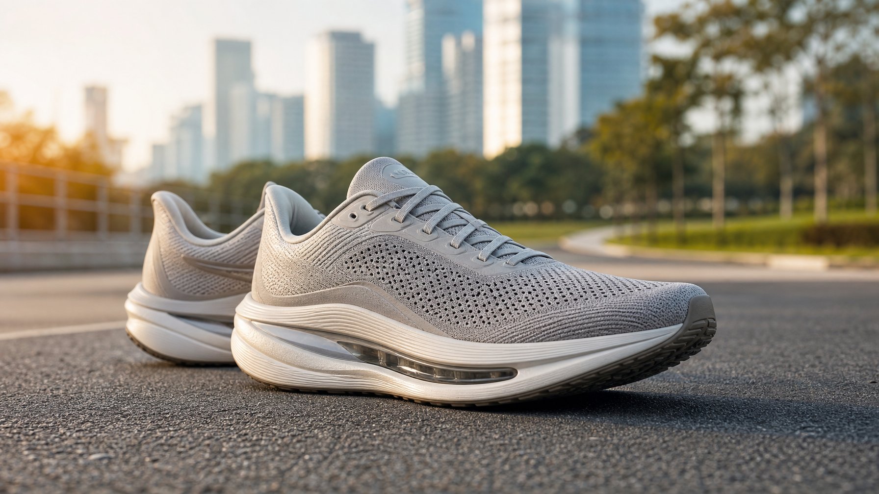 Sepasang sepatu lari premium berada di jalur lari perkotaan dengan latar taman yang samar.