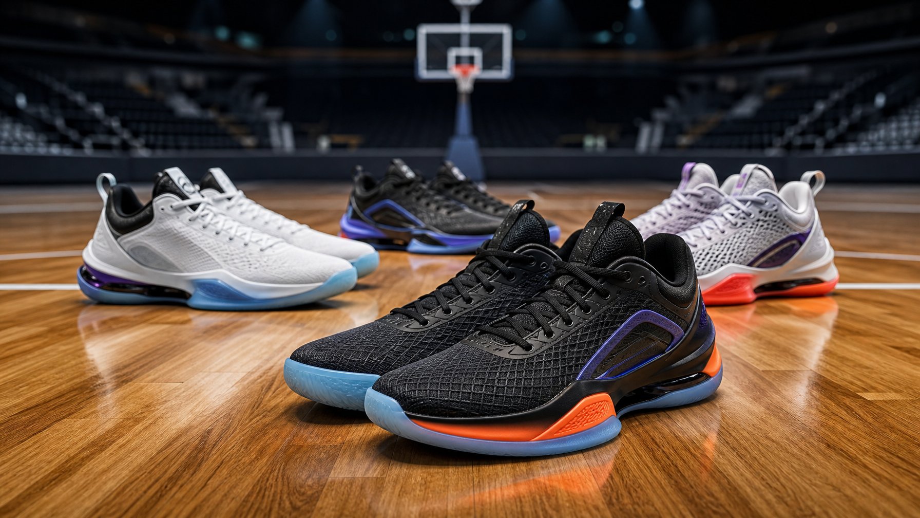 Beberapa sepatu basket performa tinggi tersusun di atas lapangan basket dalam ruangan.