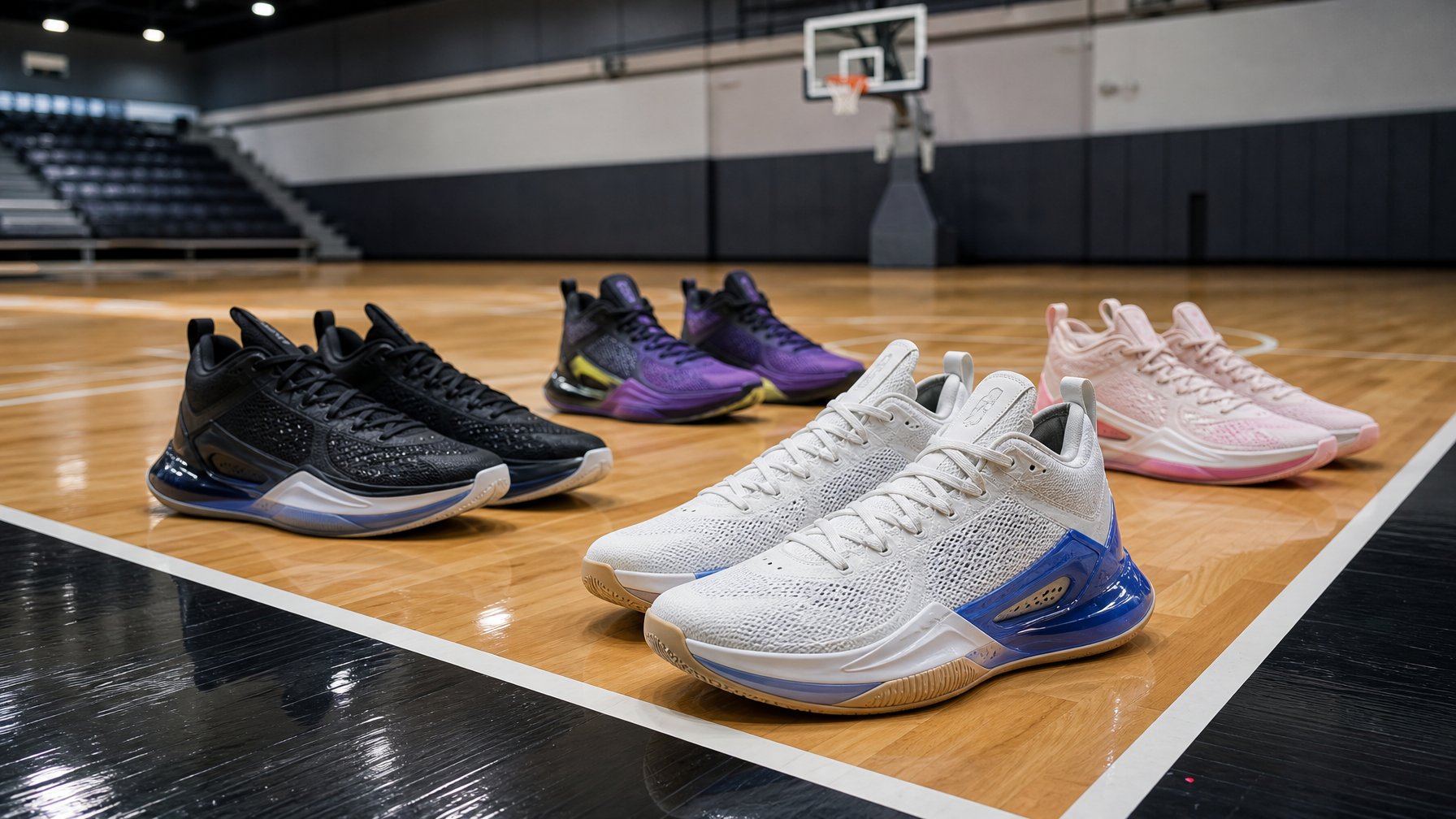 Beberapa sepatu basket Nike GT Series tersusun di tepi lapangan basket indoor.